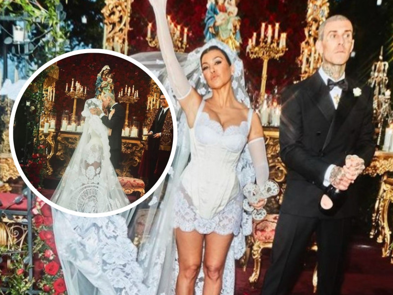 Primele poze cu Kourtney Kardashian în rochie de mireasă de la nunta din Italia cu Travis Barker